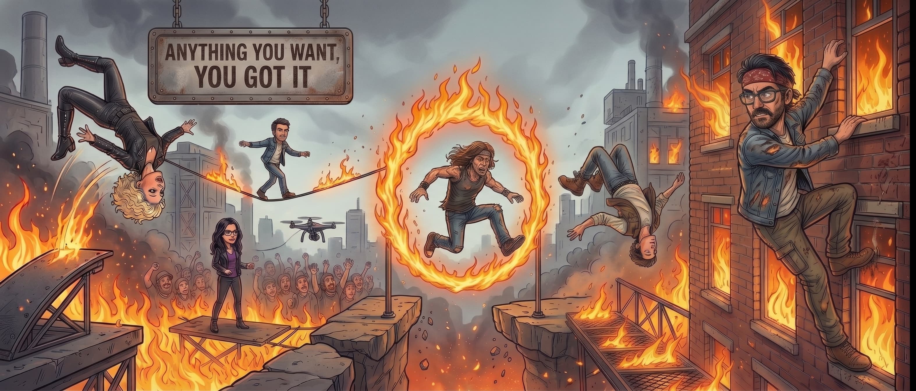 Cartoon of the Sparcks team as action-movie stunt performers - backflips, a burning tightrope, a leap through a ring of fire and a climb up a burning building - under a sign reading Anything You Want, You Got It.
