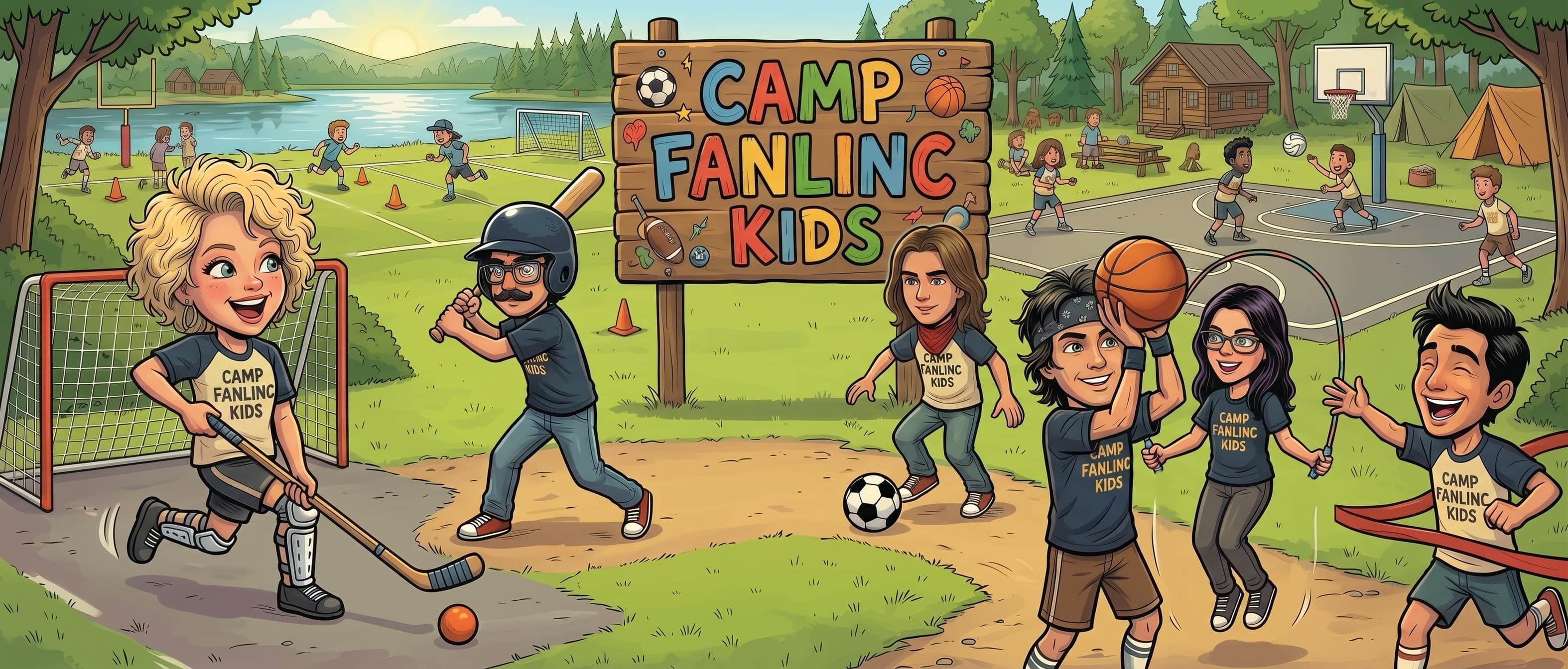 Cartoon of the Sparcks team as kids at summer camp - street hockey, baseball, soccer, basketball and a finish-line ribbon under a hand-painted Camp FanLinc Kids sign.