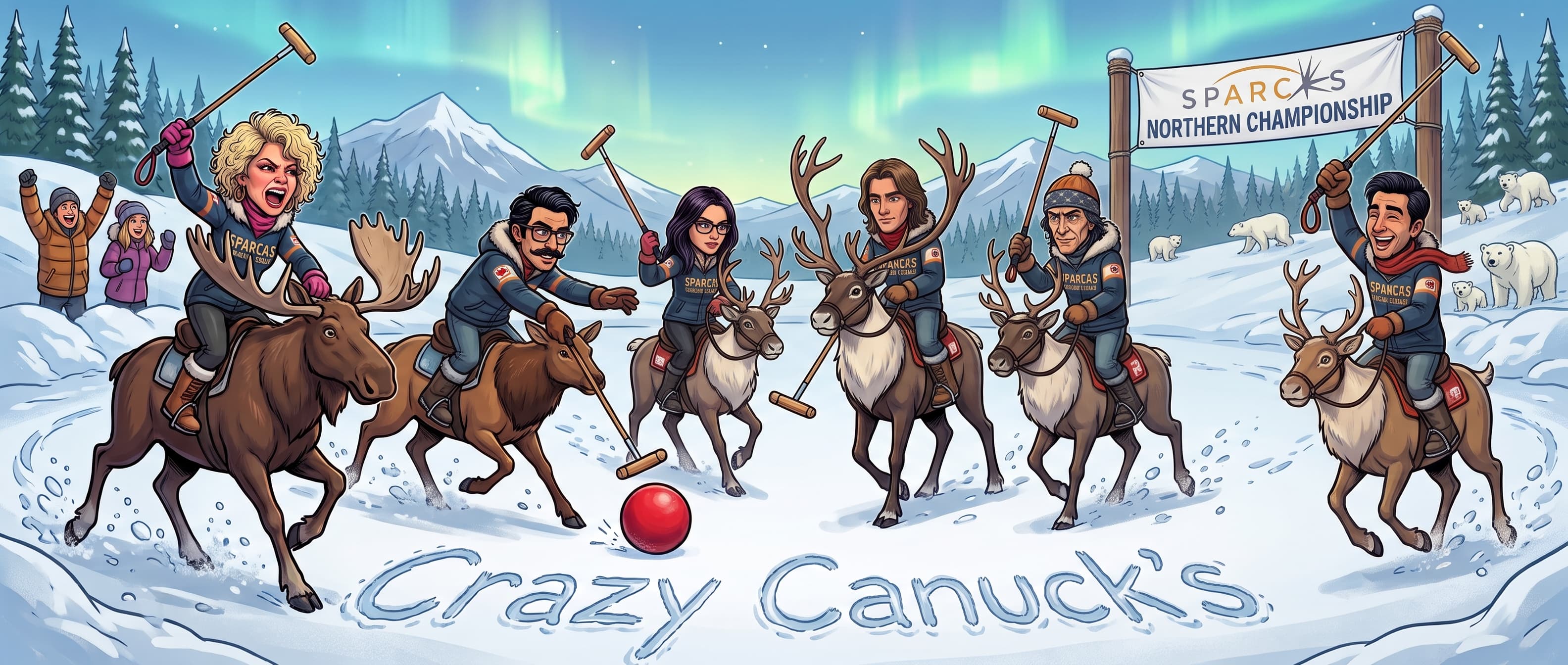 Cartoon of the Sparcks team playing polo on a moose and reindeer under the northern lights, with polar bears watching and 'Crazy Canuck's' written in the snow.